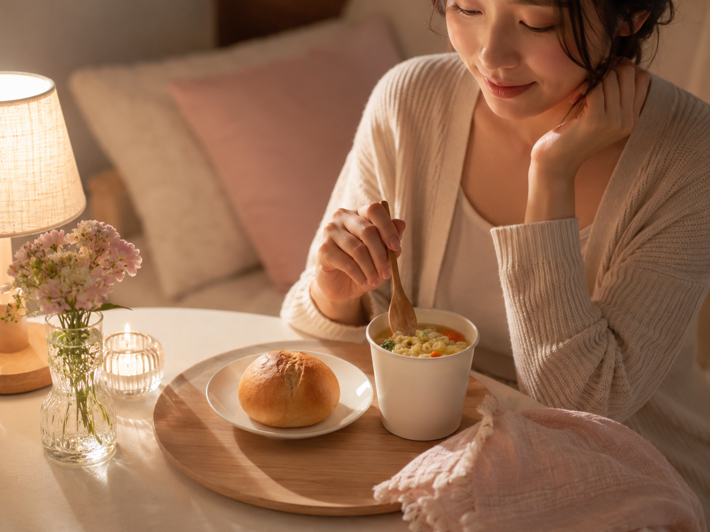 遅い夕食にパンとスープを取り入れる例