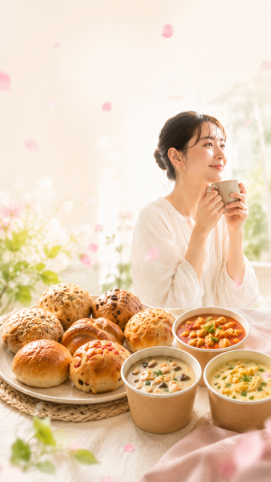 mellow fitのパンとスープパスタを楽しむ女性